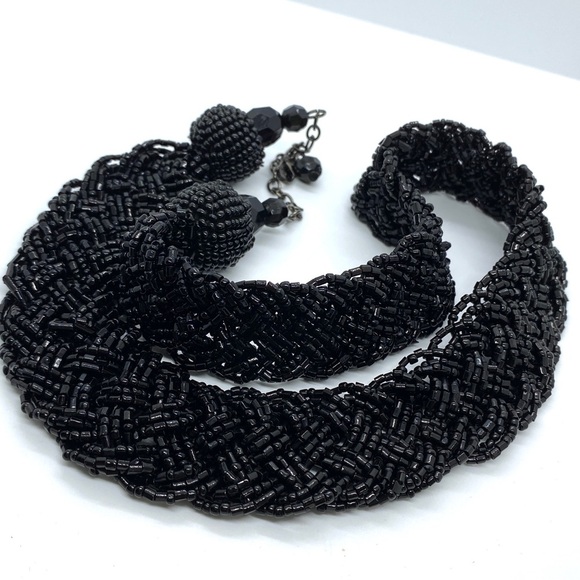 Black Seed Bead Bohemian Wide Braided Collar Necklace - Picture 8 of 8